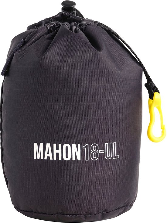 Zwarte opbergzak voor Nomad Mahon 18-UL rugzak met trekkoord en gele clip.