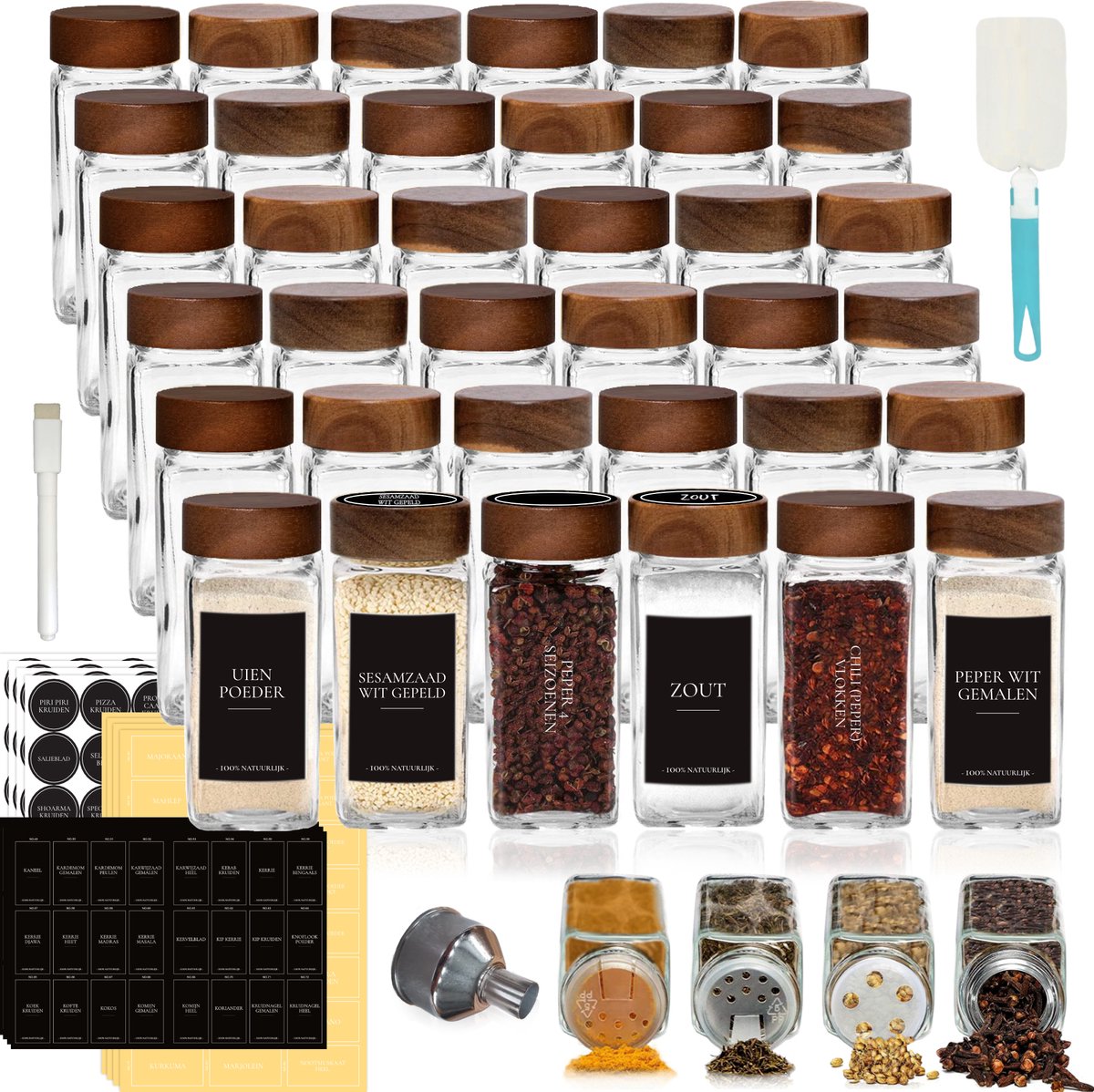 Soothe 36 Glazen Kruidenpotjes Vierkant met Acacia Deksel – 2 Soorten Strooideksels – Kruidenstrooier – Spice Jars – Complete Set incl Kruiden Stickers, Krijtstift en Accessoires – 120ml op Prijzenvolger.com