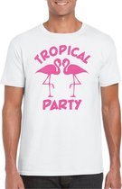 Toppers - Bellatio Decorations Tropical party T-shirt heren - met glitters - wit/roze - carnaval/themafeest M