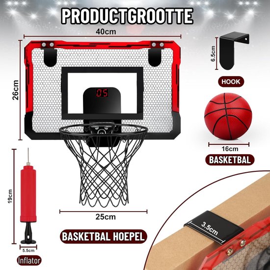 Mini Basketbalkorf voor Kinderen met Elektronisch Scorebord - Inclusief 3 Ballen - Indoor Basketbalset - Rood - Merkloos