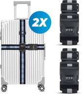 Sangle de valise avec serrure à combinaison et étiquette de valise - 2 pièces - Ajustable - Sangle de bagage - 200 centimètres - Sécurité Extra - Voyages - Zwart/ Wit