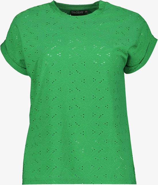 TwoDay dames broderie T-shirt groen - Maat 3XL