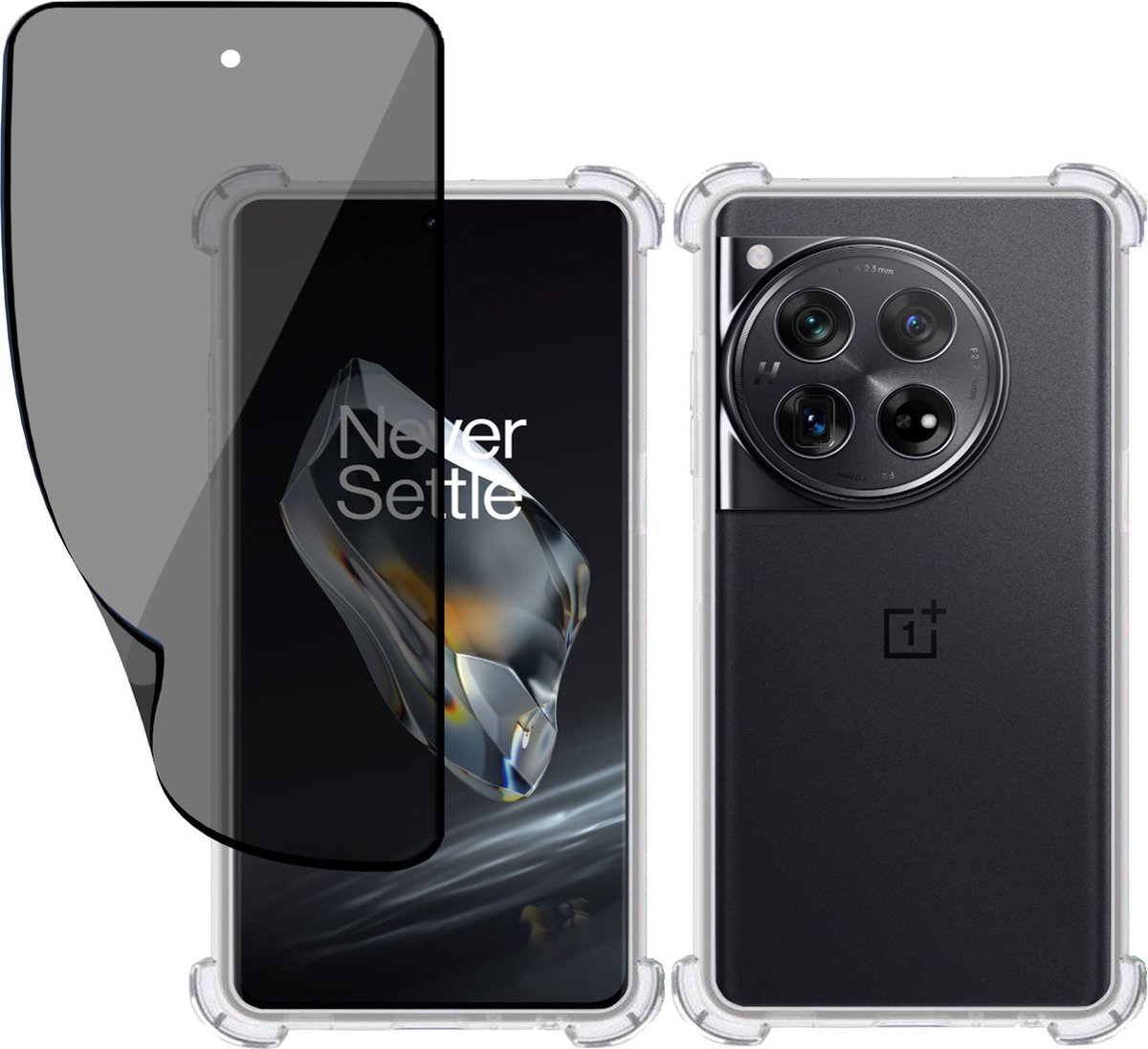 Hoesje + Privé Screenprotector geschikt voor OnePlus 12R – Privacy Folie- Case Transparant