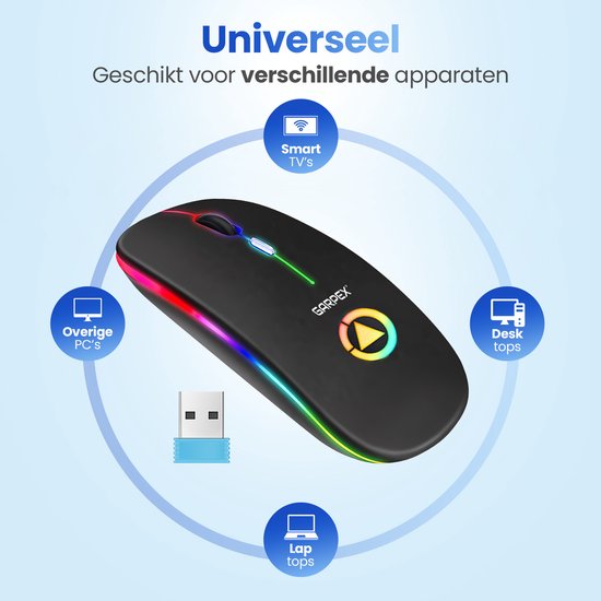 Garpex® Stille Draadloze Muis - Gaming muis - Computermuis - Muis Draadloos - Met LED Verlichting - Oplaadbaar - Zwart