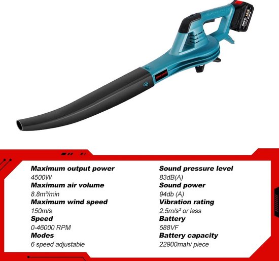 Souffleur de feuilles Shoppee - Batterie de souffleur de feuilles - Souffleur de feuilles sans fil 588vf 6 vitesses Souffleur sans fil - Souffleur d'air électrique - Batterie Li-Ion 22900Mah - Balayeuse - Souffleuse à neige - Outils de jardin