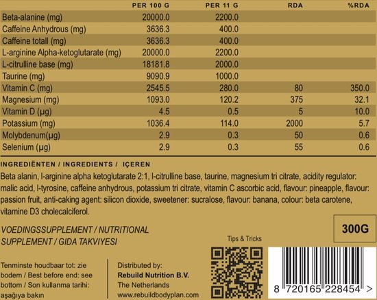 Rebuild Body Plan Pre Workout - Poudre 300 gr - Saveur de fruits tropicaux