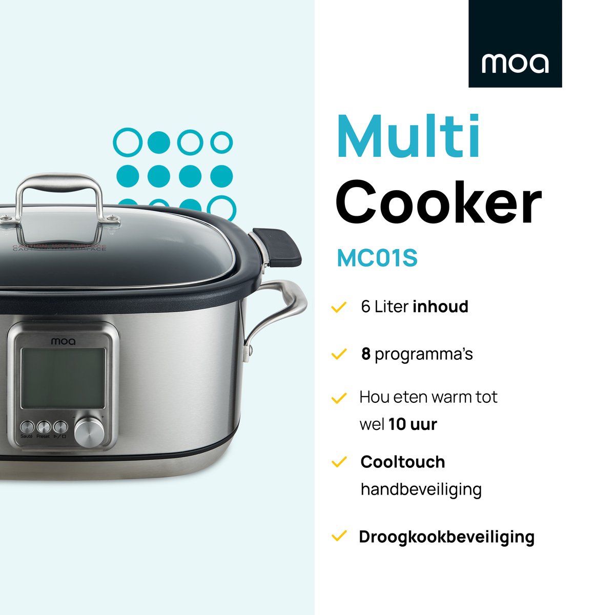 MOA Multicooker - 6L - Slowcooker - Rijstkoker met Stomer - PFAS- & BPA-vrij - Stoomkoker - Sous Vide Koker - 8 Kookfuncties - 1250W - RVS thumbnail 2