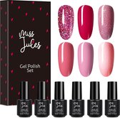 Miss Jules - 6-Delige Gellak Starterspakket - Nagellak - Kleur Roze Glitter - Glanzend & Dekkend resultaat
