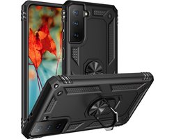 Hoesje voor Samsung Galaxy S21 FE 5G - Swart backcover Shockproof Robuuste schokbestendige beschermingsring 360 draaibare ring