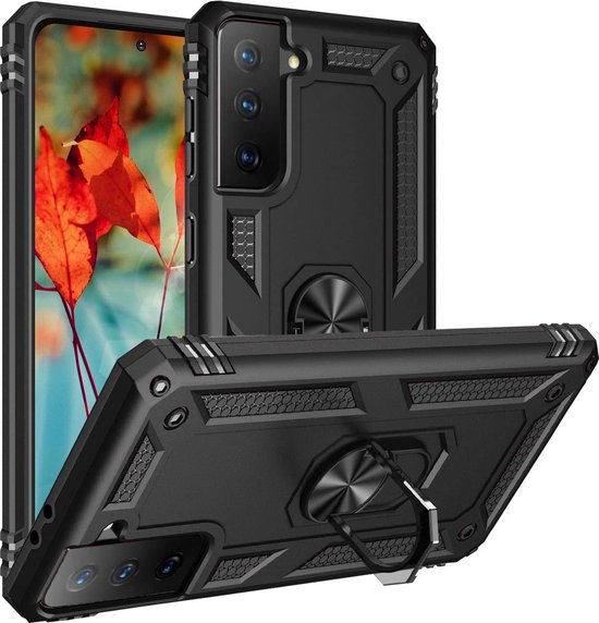 Zwarte telefoonhoes met ringhouder, getoond naast een telefoon met herfstbladeren achtergrond.