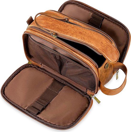 YONO Trousse de Toilette de Voyage Homme - Cuir PU - XL - Marron