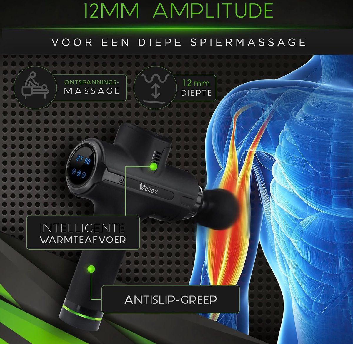 Afbeelding 2 van krachtige Massage Gun met 11 massagekoppen - Massage pistool met LED weergave & draagtas -schouders & nek
