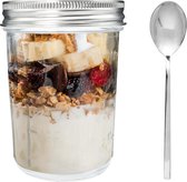 Glazen potten voor ontbijt (330 ml) - overnight oats potten met luchtdichte deksel en lepel (1 stuk – zilver)