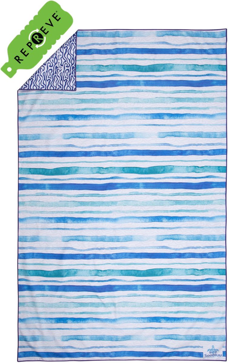 SooBluu - Sneldrogende handdoek reishanddoek strandlaken - Duurzaam gemaakt van gerecycled plastic (rPET) tot microvezel handdoek - dames en heren - compact lichtgewicht dun badlaken - absorberend - zandvrij - bont 100x160 - blauw wit