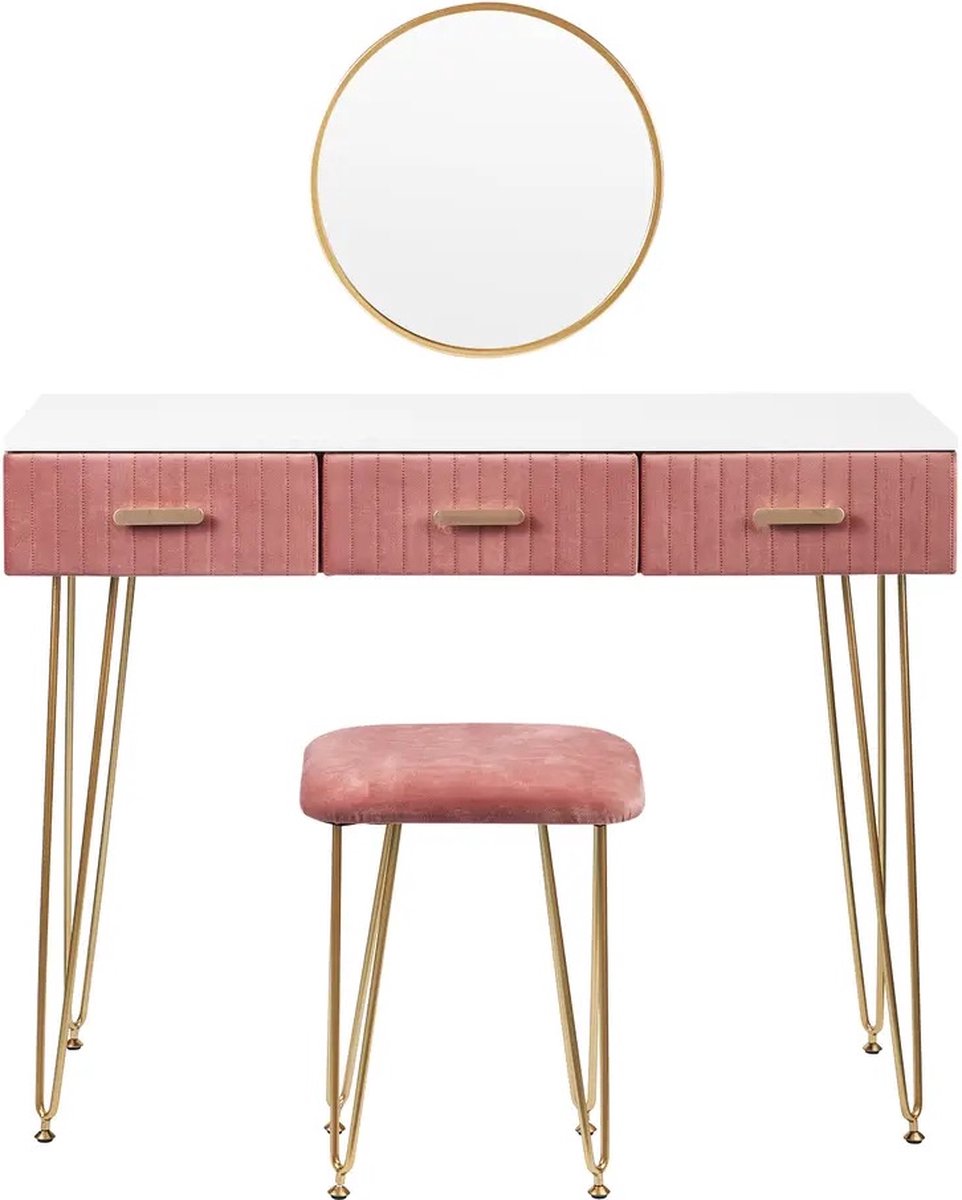MS® - Kaptafel - Met spiegel en kruk - Ronde spiegel - Make-up tafel - Met 3 lades - Modern design - Roze - Goude details - 100 x 40 x 78 cm