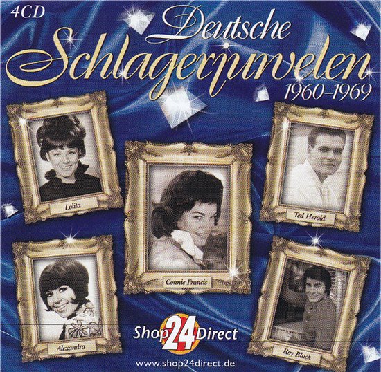 Hoes van 'Deutsche Schlagerjuwelen 1960-1969'. Toont Lolita, Connie Francis, Ted Herold, Alexandra, Roy Black in portretten. Blauwe achtergrond met diamanten.