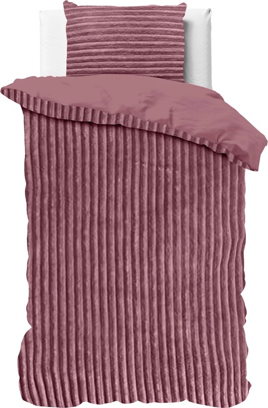 Knuffelzachte teddystof dekbedovertrek Stripes roze - 240x200/220 (lits-jumeaux) - heerlijk slapen - cosy look - luxe kwaliteit - met handige drukknopen