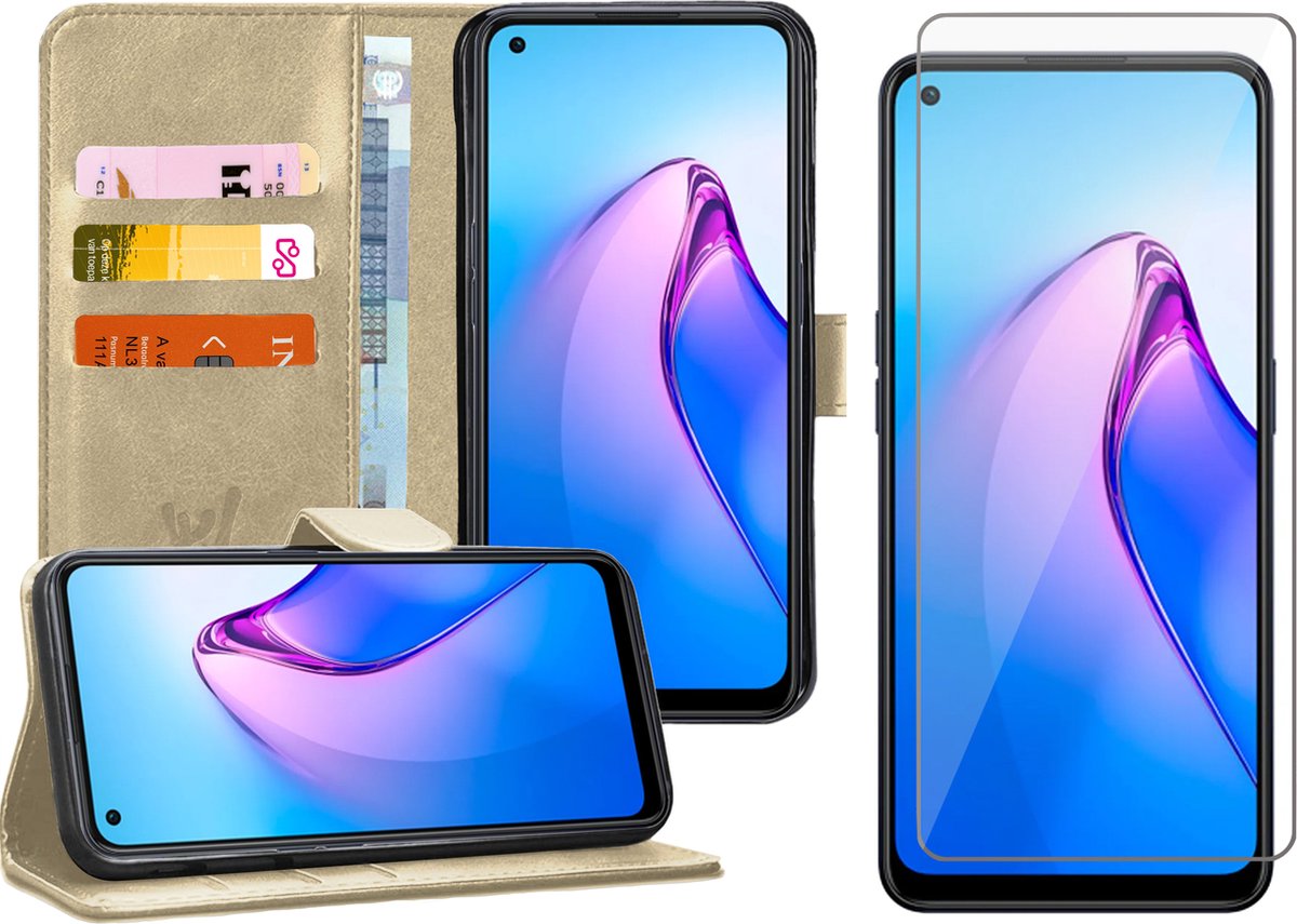 Hoesje geschikt voor Oppo Reno 8 - Screenprotector Glas - Portemonnee Book Case Goud