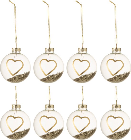 J-Line Kerstballen - hartjes - glas - goud - small - doos van 8 stuks - kerstboomversiering