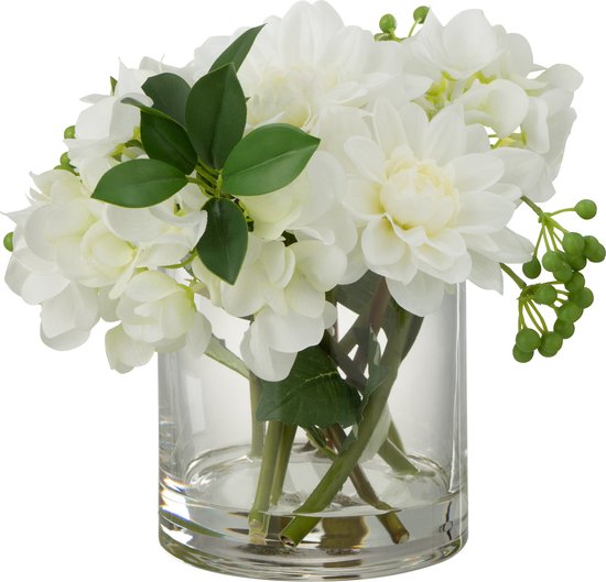 J-Line plante Dahlia Hortensia Dans Vase - plastique - verre - blanc