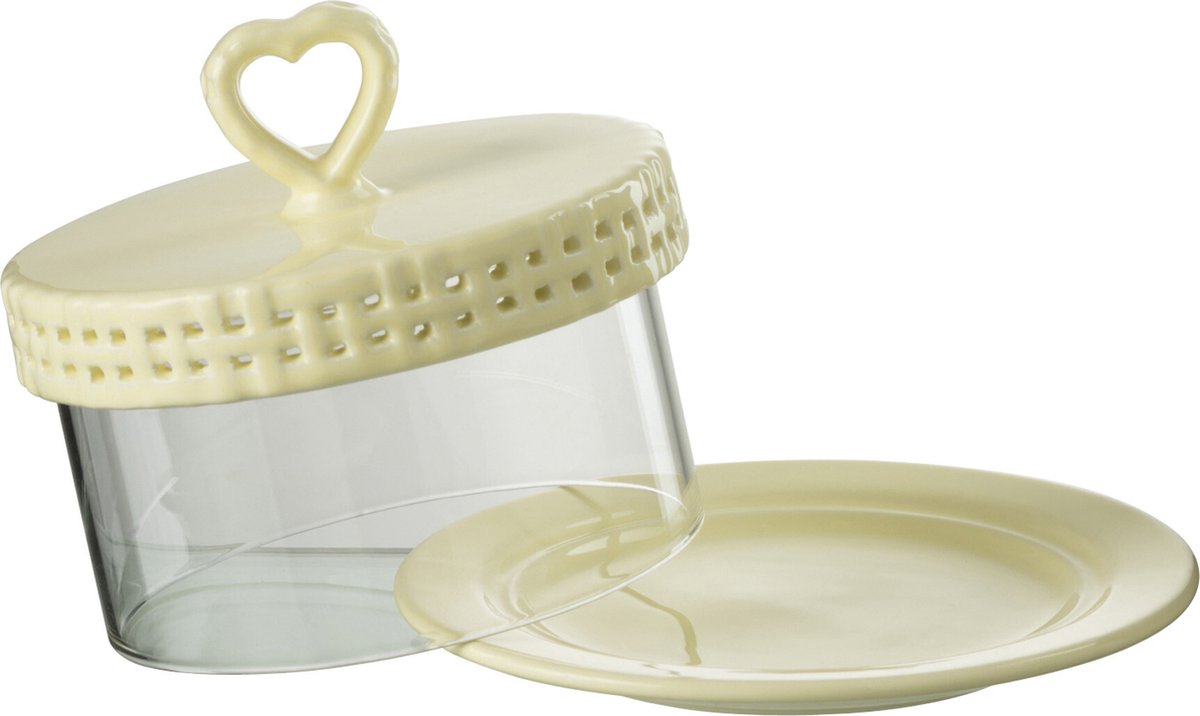 J-Line bord Cake onder glas - taartplateau - keramiek - geel - small