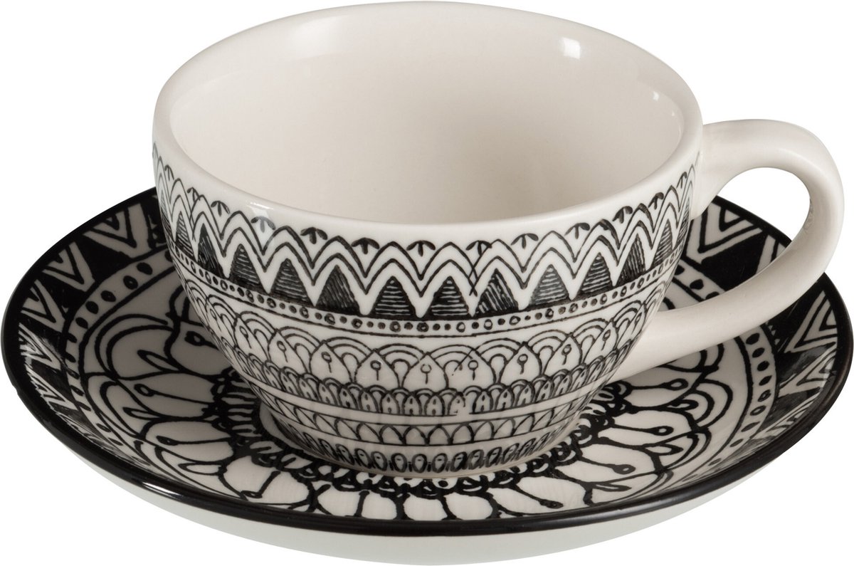 J-Line kopje + schoteltje Monochroom Boho - keramiek - zwart/wit - 4 stuks