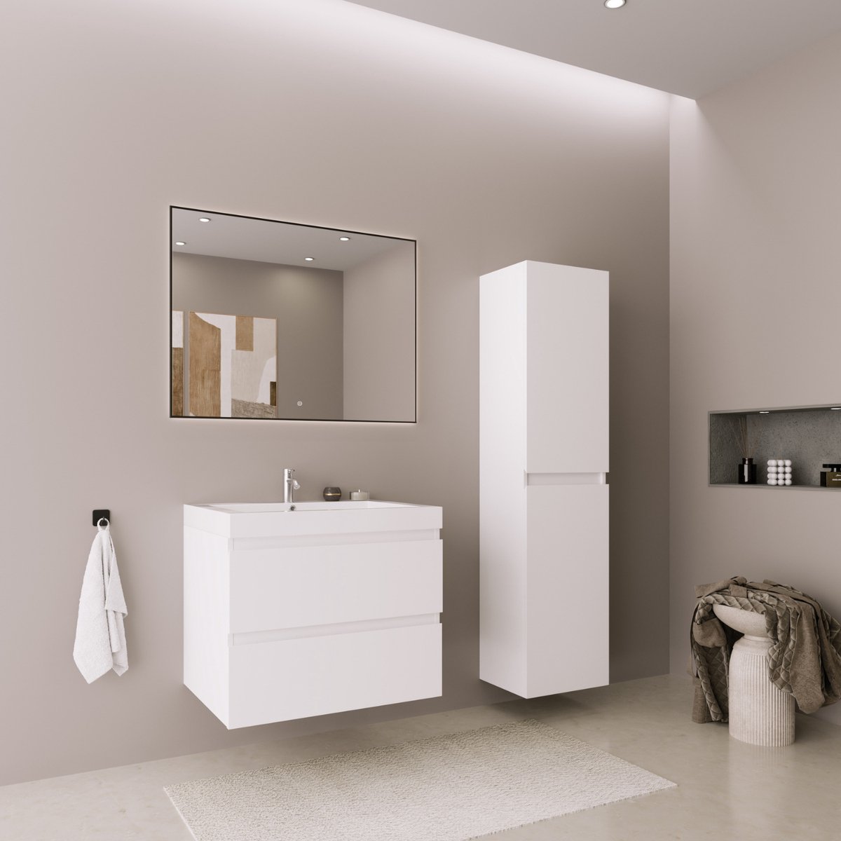 LOMAZOO Badmeubelset Glanzend Wit 60 cm - Badkamermeubel set - Wastafelmeubel - Badkamerkast hoog [AVALON]