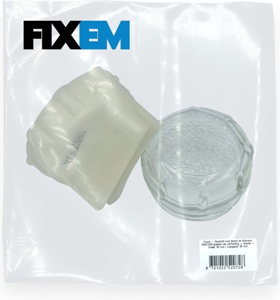 Glazen lampglas met ribbelpatroon en een kunststof houder met 'FIXEM' logo, in verpakking met tekst.