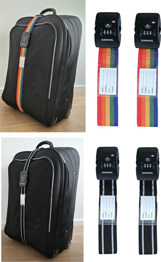 SUNMOOL Kofferriem met TSA Cijfer Slot - Bagage Riem - Luggage Strap - 200 cm - Regenboog & Zwart - 4 Stuks
