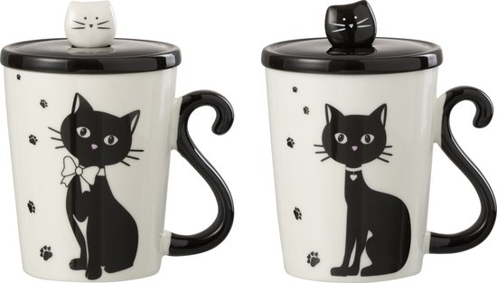 J-Line tasse Imprime Chat + Couvercle + Cuillère - porcelaine - blanc/noir - 2 pcs