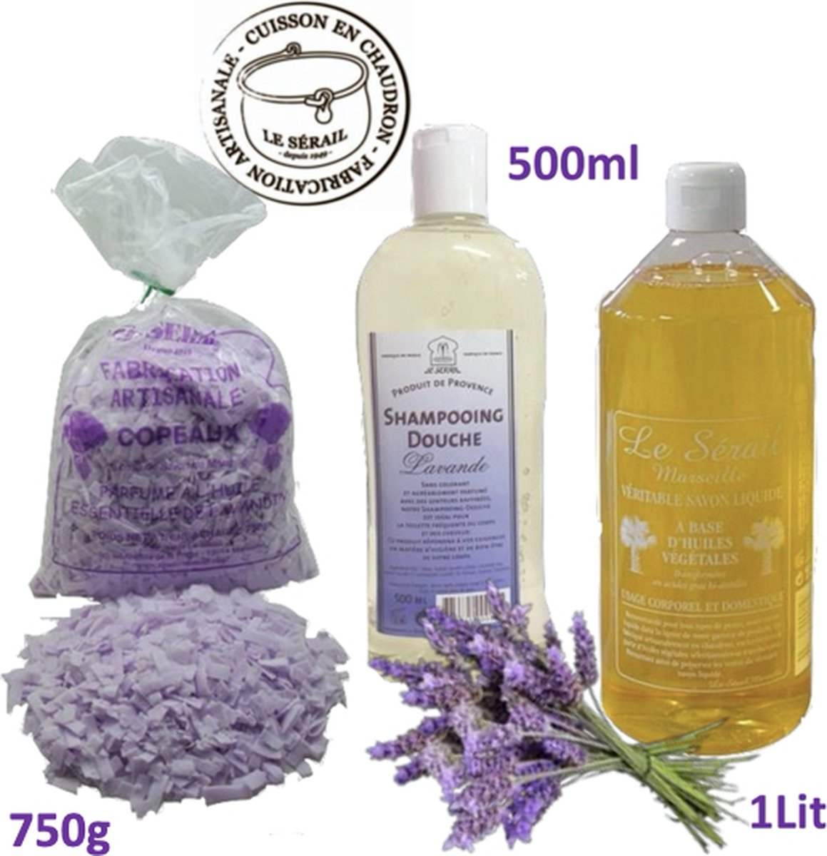 Goedkoopste VOORDEEL pakket. Lavendel shampoo douche 500ml, Etherische lavendel olie Marseille zeepvlokken 750g en Natuurlijke Franse Marseille vloeibare lavendel zeep 1Lit Merk Le Serail