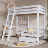 Sweiko Hoogslaper met planken en bank, houten bed met lade, kinderbed met vijftraps glijbaan, massief houten bedframe, wit, 90x200cm