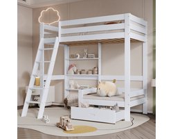 Sweiko Hoogslaper met planken en bank, houten bed met lade, kinderbed met vijftraps glijbaan, massief houten bedframe, wit, 90x200cm