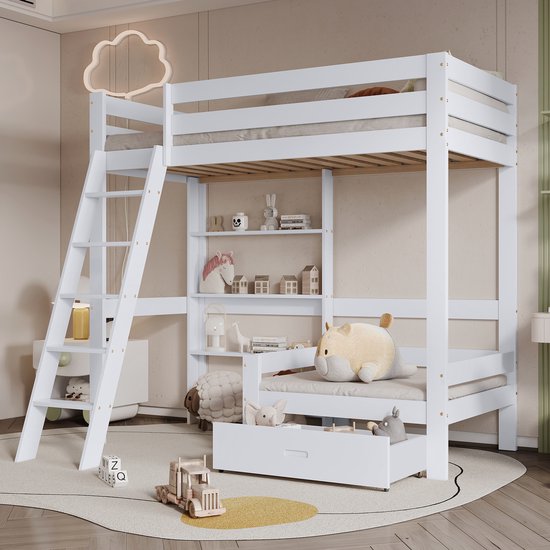 Sweiko Lit mezzanine avec étagères et banc, lit en bois avec tiroir, lit enfant avec toboggan à cinq niveaux, cadre de lit en bois massif, blanc, 90x200cm