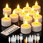 Oplaadbare LED-theelichtjes met timer en afstandsbediening - Set van 12 elektrische flikkerende vlamloze kaarsen