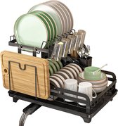 YunNasi Afdruiprek met Lekbak en Snijplankhouder - Opvouwbaar 2Laags Afwasdroogrek Metaal - Dish Drainer voor Keuken - Zwart Dish Drainer