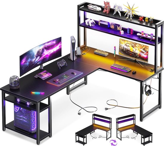 L-vormige Gamingtafel met LED-verlichting en stopcontacten - Hoekbureau met opbergrek en standaard - Zwart 150 x 120 cm