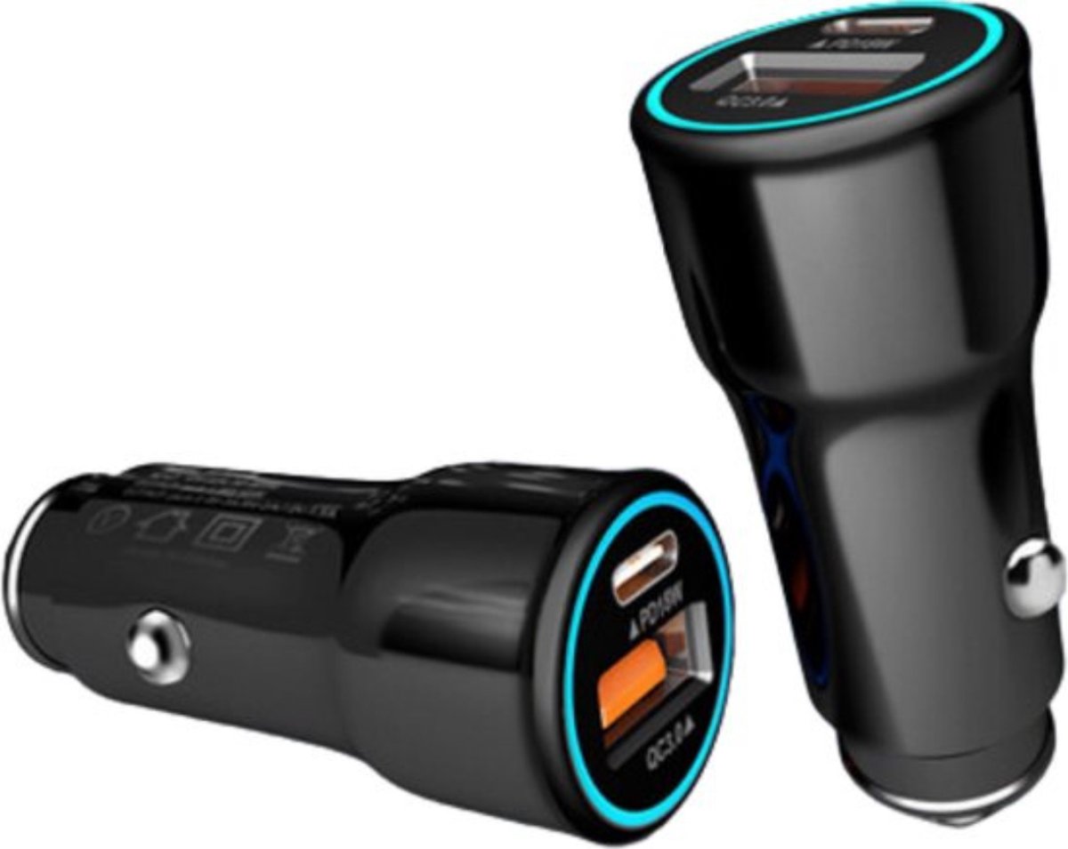 Goedkoopste Autolader USB - USB autolader 2 poorten - USB C/3,0 P32 - Auto lader - Auto oplader USB - Zwart