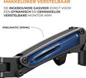 Gedetailleerde weergave van de ingebouwde gasveer van een zwarte monitorarm.
