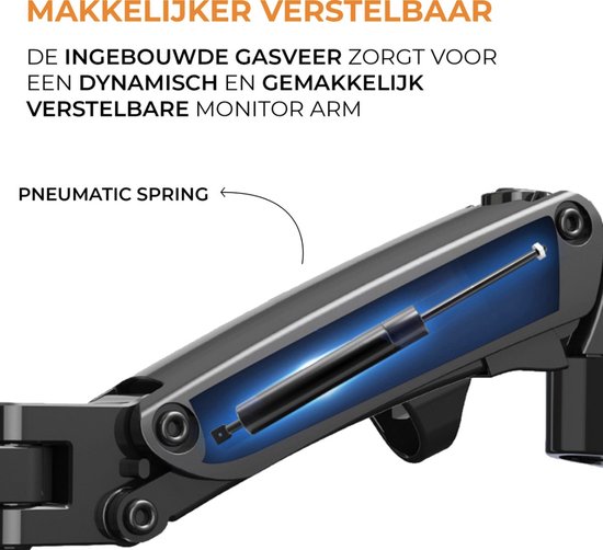Gedetailleerde weergave van de ingebouwde gasveer van een zwarte monitorarm.