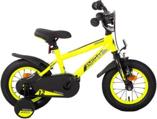 AMIGO Arrow Vélo Garçon 12 pouces - Vélo pour enfants de 2 à 4 ans - 90-105 cm - Avec Roues d'entraînement - Jaune/ Zwart