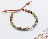 Jeannette-Creatief - Beach - Zoetwaterparel, RVS Beads & Matubo Beads Armband Leer Schuifknoop Ibizachic - Herenarmband