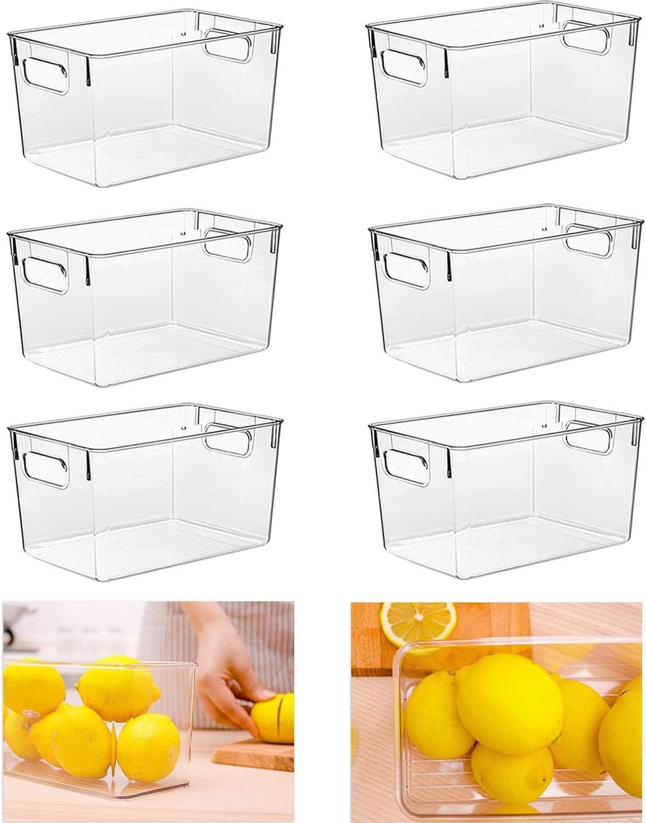 Koelkastorganizer set van 6 keukenopbergdozen met handgrepen robuust en doorzichtig 24 x 13 x 115 cm BPA-vrij freezer organizer bins