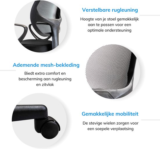 ACAZA Bureaustoel - Zwart - Bureaustoel Kinderen - Stoel - Bureaustoel Kind - Kinderbureaustoel - Verstelbare Hoogte en Rugleuning