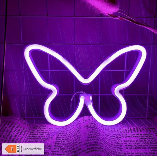Neon Lamp - Vlinder - Paars - 22x15cm- Excl. 3 AA batterijen - Neon Verlichting - Wandlamp