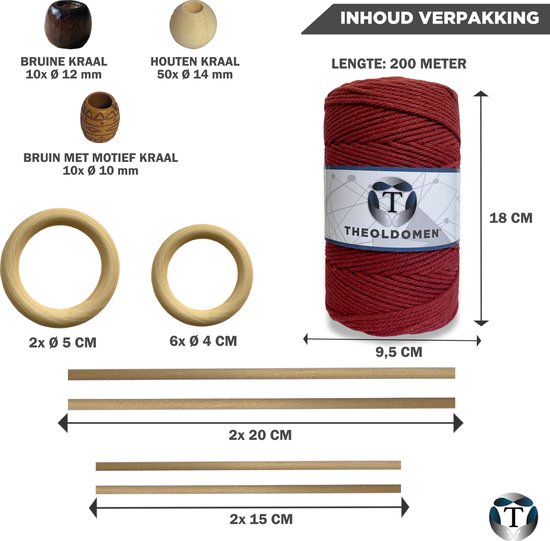 Macramé Pakket | 200 METER | Incl. Handleiding | Bordeaux | Starter Set | Ringen | Kralen |Stokken | Macramé Touw | 3mm | 100% Katoen | Macramé | Decoratie | DIY | Doe Het Zelf | Wandkleed | Dromenvanger | Plantenhanger | Tassen | TheOldOmen |