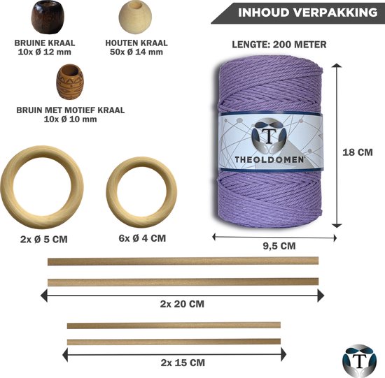 Macramé Pakket | 200 METER | Incl. Handleiding | Lichtpaars | Starter Set | Ringen | Kralen |Stokken | Macramé Touw | 3mm | 100% Katoen | Macramé | Decoratie | DIY | Doe Het Zelf | Wandkleed | Dromenvanger | Plantenhanger | Tassen | TheOldOmen |