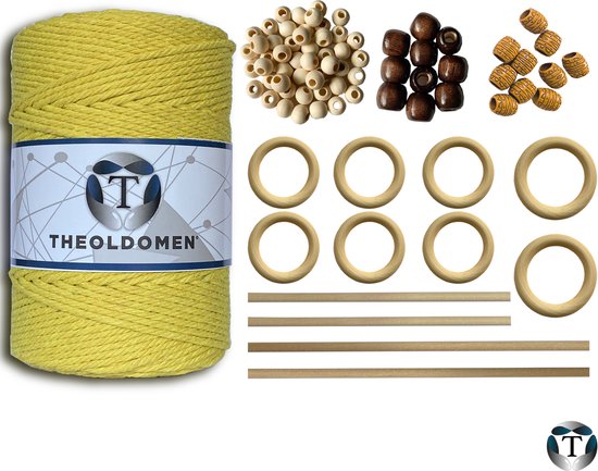 Macramé Pakket | 200 METER | Incl. Handleiding | Lemon Yellow | Starter Set | Ringen | Kralen |Stokken | Macramé Touw | 3mm | 100% Katoen | Macramé | Decoratie | DIY |Doe Het Zelf |Wandkleed | Dromenvanger | Plantenhanger | Tassen | TheOldOmen |