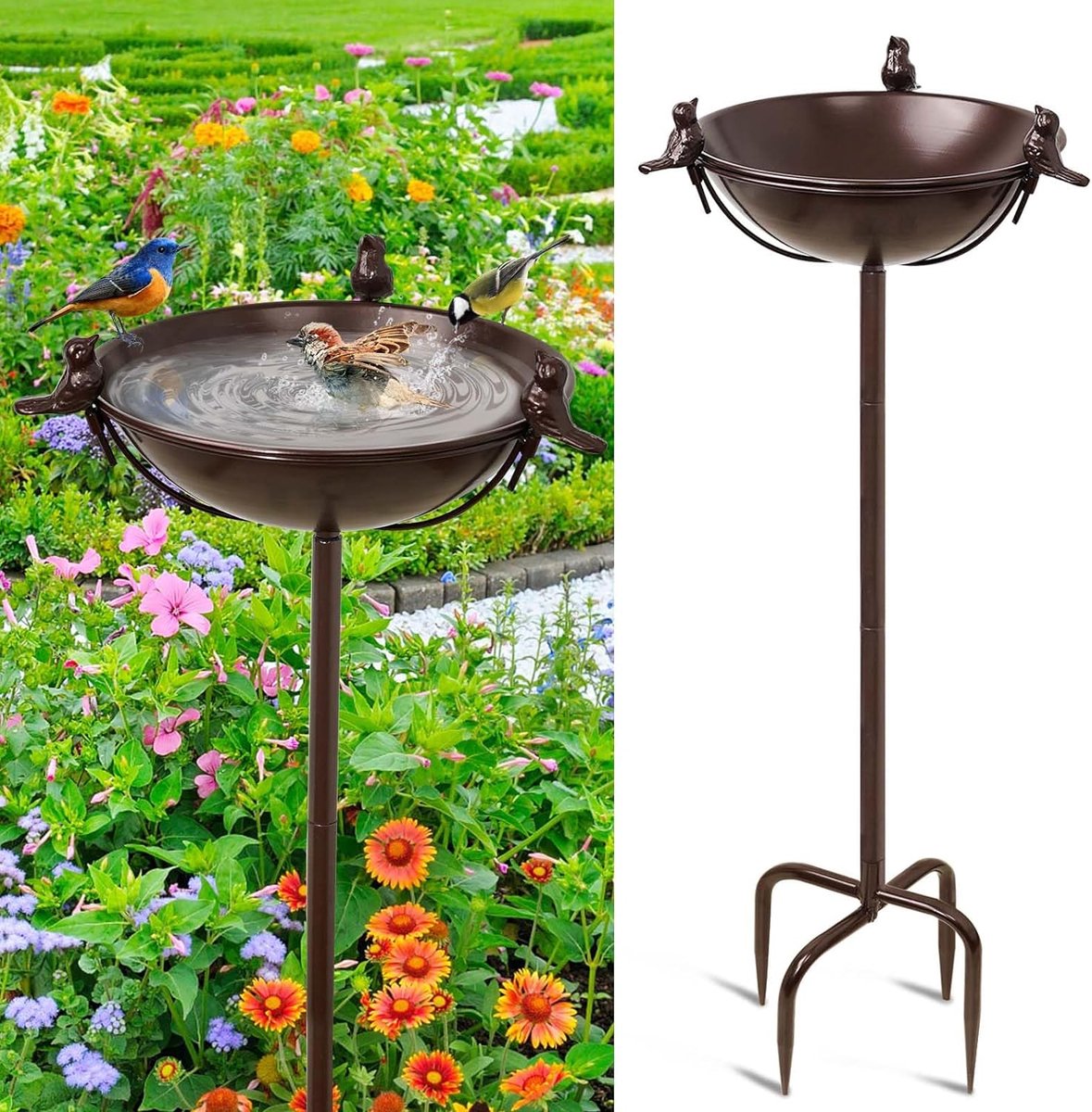 Metalen vogelbad voor in de tuin, voor wilde vogels, waterbad met 3 vogelsculpturen, voederbak, voederschaal, waterplaats, staand, 147 x 25 cm, voederplaats voor het bloembed of (bruin)
