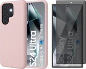 Hoesje geschikt voor Samsung Galaxy S24 Ultra - Privacy Screenprotector Volledig Dekkend Glas - Mat Back Case Roze